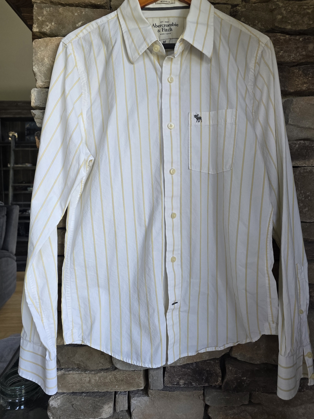 Abercrombie & Fitch Button Up Shirt Muscle Sz Mn Medium White Stripes Moose Logo
